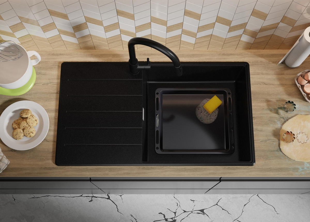 SPÜLBECKEN Kopenhagen, 2-er set Alles Schwarz 90/50 cm 1 Becken + Ablauf-Set + Schneidebrett ab 60er Unterschrank - Beige/Schwarz, Kunststoff (90/20/50cm) - Primagran