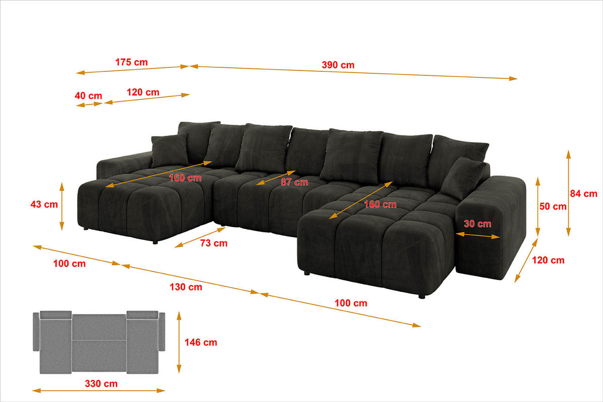 WOHNLANDSCHAFT ENIL-U 390x175x84 Schwarz Velours - Schwarz, Holzwerkstoff/Kunststoff (390/84/175cm) - ALTDECOR