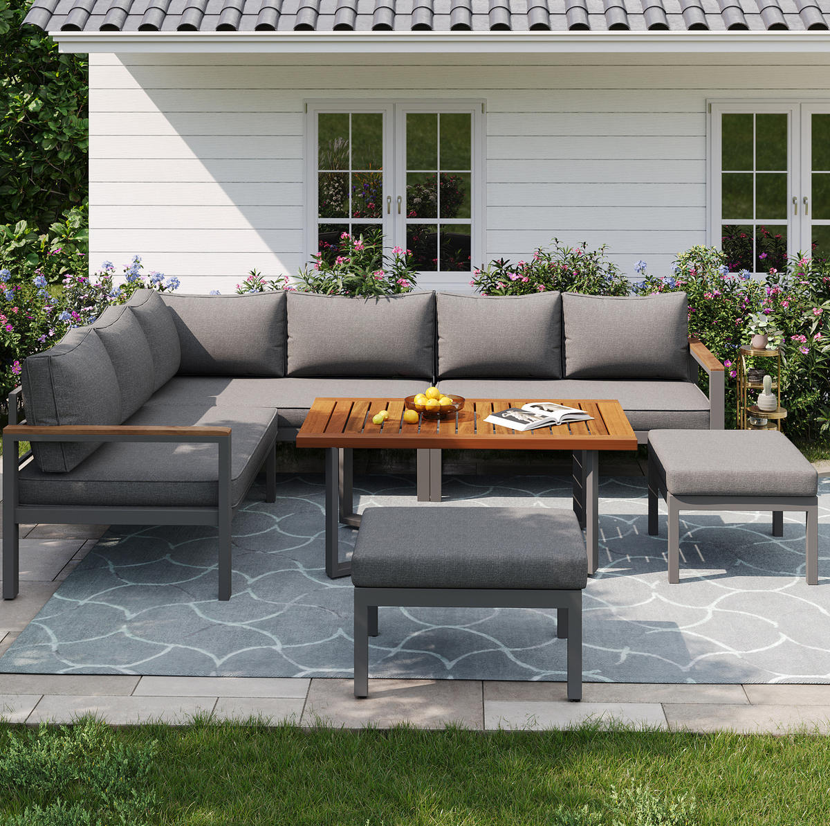 GARTENLOUNGE-SET 114/60/78,5 cm mit Tisch, verstellbaren Füßen, Holz-Tischplatte und Gestell aus verzinktem Eisen, Dunkelgrau - Grau, Metall - Redom