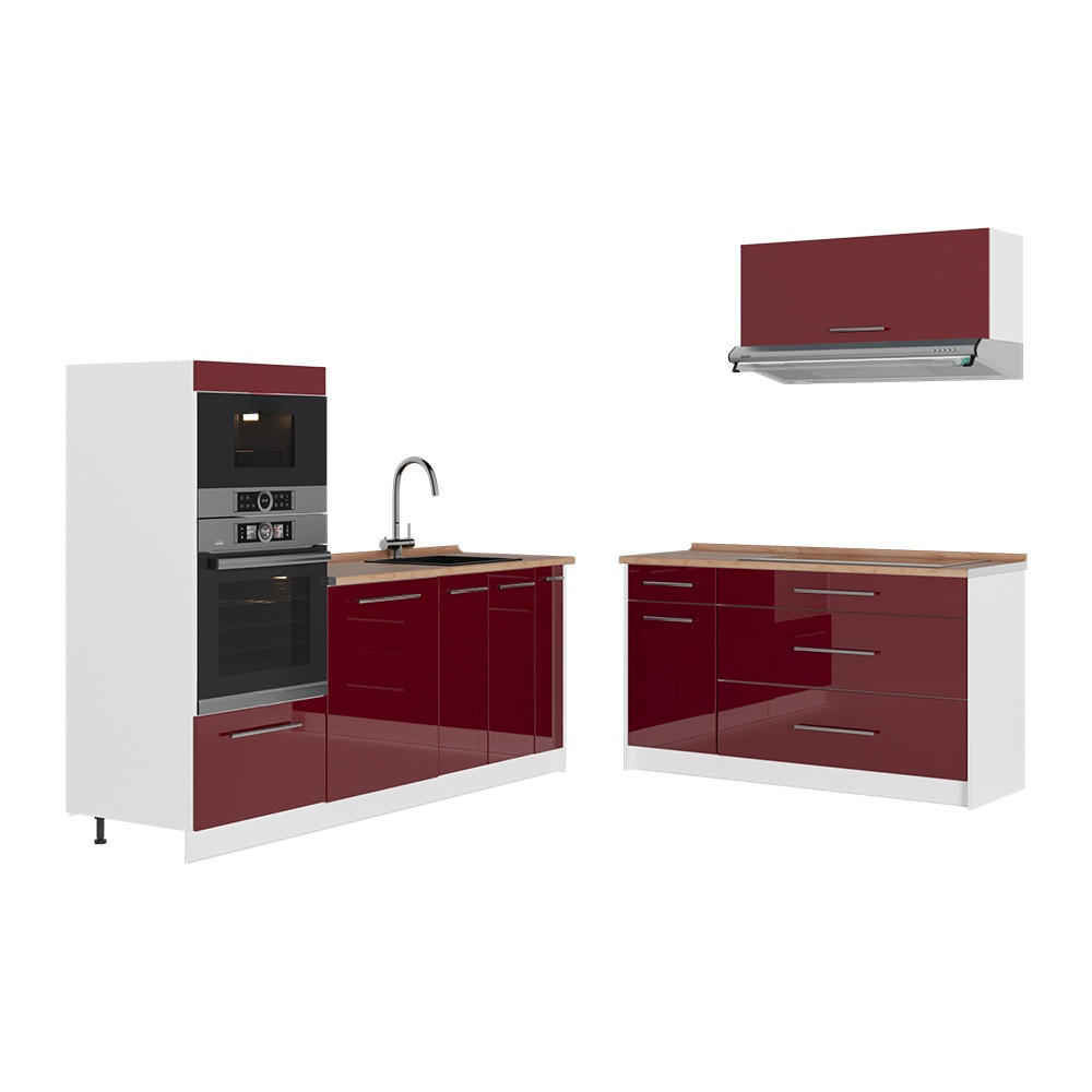 KÜCHENZEILE Fame-Line, Bordeaux Hochglanz/Weiß, 340 cm, AP Eiche - Bordeaux/Weiß, Holzwerkstoff (340/153.6/60cm) - Vicco
