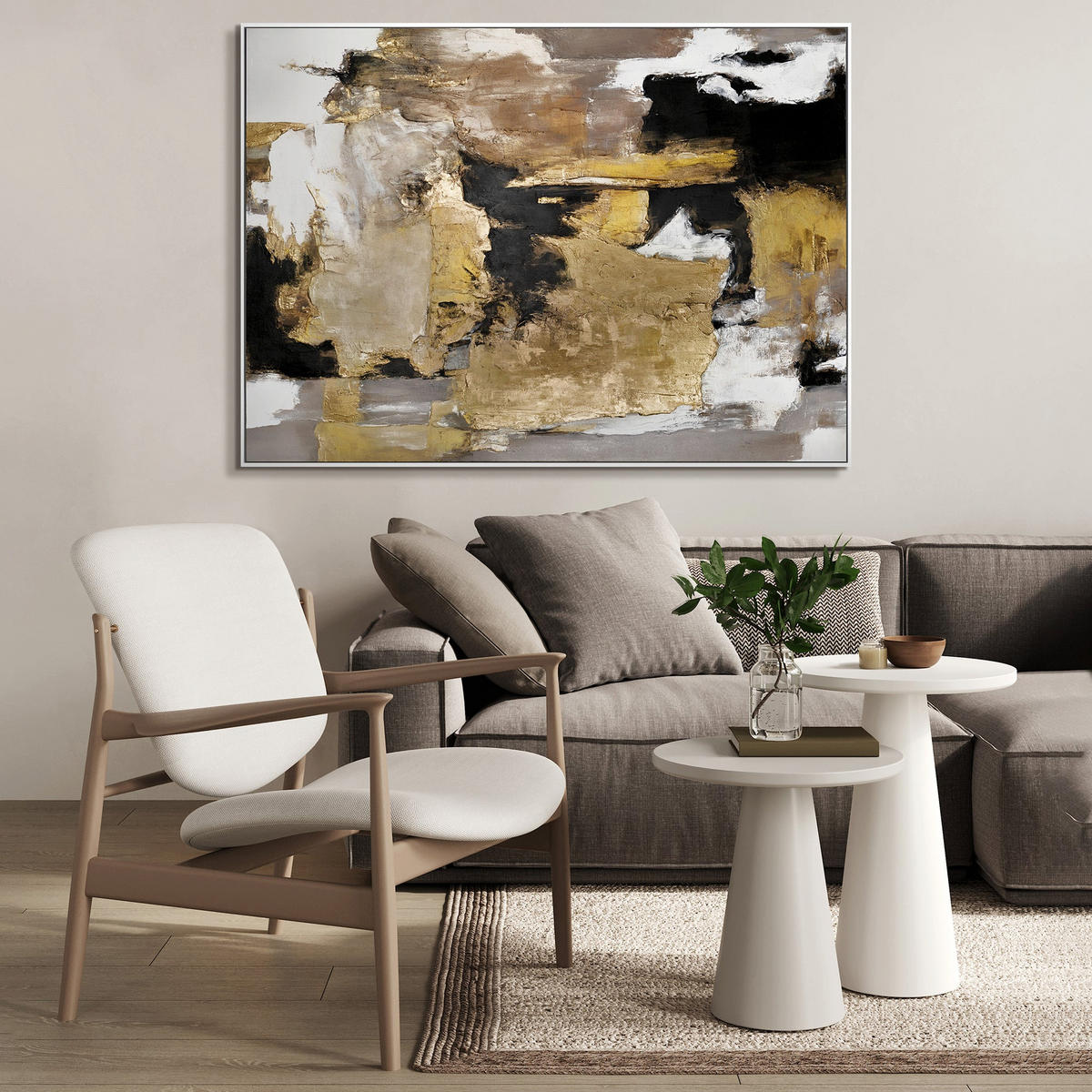GEMÄLDE Goldene Fragmente II Schattenfugenrahmen Weiß 120x80 cm - Weiß, Holz (120/80cm) - YS-art gallery