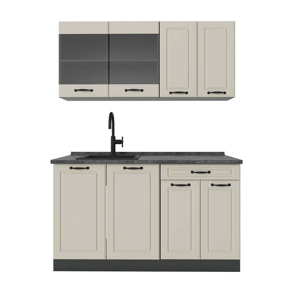 SINGLEKÜCHE R-Line, Sand Landhaus/Anthrazit, 140 cm Arbeitsplatte Anthrazit - Beige/Anthrazit, Holzwerkstoff (140/81.6/60cm) - Vicco