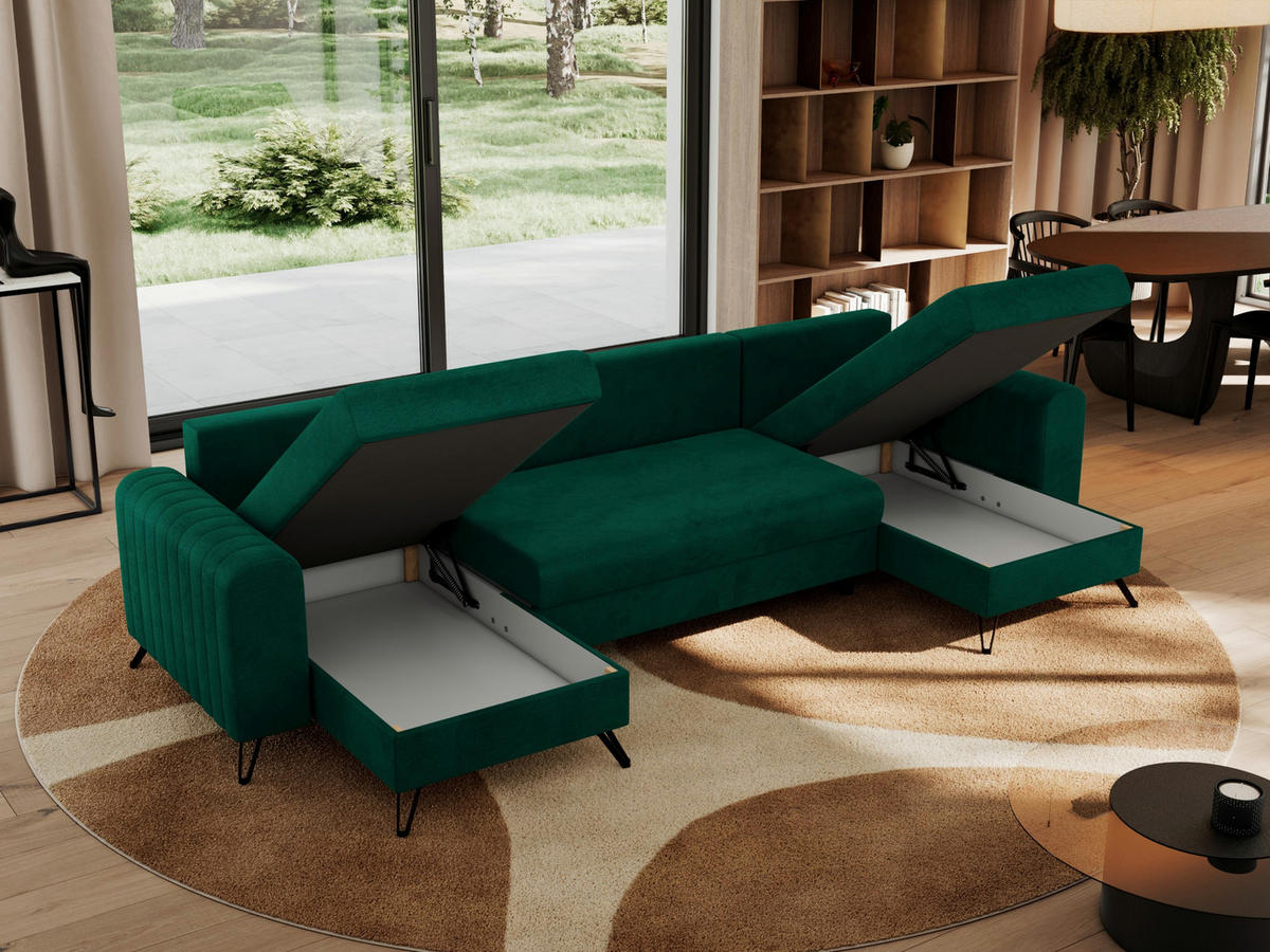 WOHNLANDSCHAFT AXEL U Velvet Dunkelgrün - Schwarz/Grün, Textil/Metall (312/90/140cm) - MKS