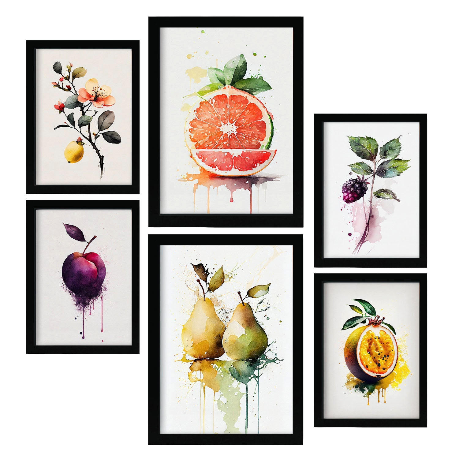 POSTER Set Mit 6 Saftige Früchte Plakate Von Obst Gemüse & Gesunden Lebensmitteln Im Aquarell Kunst Auf Reinweißen A3 & A4 Schwarzer Rahmen - Schwarz, Papier (29/3cm) - Nacnic