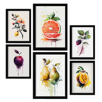 POSTER Set Mit 6 Saftige Früchte Plakate Von Obst Gemüse & Gesunden Lebensmitteln Im Aquarell Kunst Auf Reinweißen A3 & A4 Schwarzer Rahmen - Schwarz, Papier (29/3cm) - Nacnic