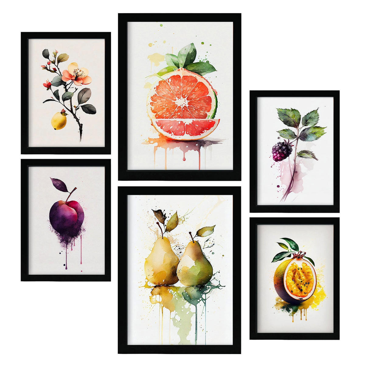 POSTER Set Mit 6 Saftige Früchte Plakate Von Obst Gemüse & Gesunden Lebensmitteln Im Aquarell Kunst Auf Reinweißen A3 & A4 Schwarzer Rahmen - Schwarz, Papier (29/3cm) - Nacnic