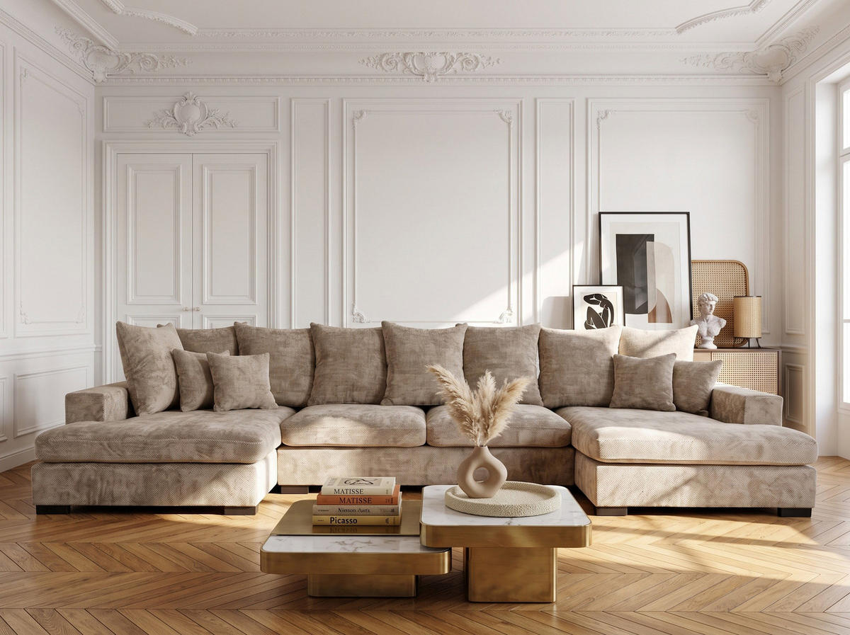 WOHNLANDSCHAFT Dahlia mit Schlaffunktion und Bettkasten in U-Form - Beige Chenille 373/92/155 cm - Beige/Schwarz, Kunststoff/Textil (373/92/155cm) - WFL GROUP
