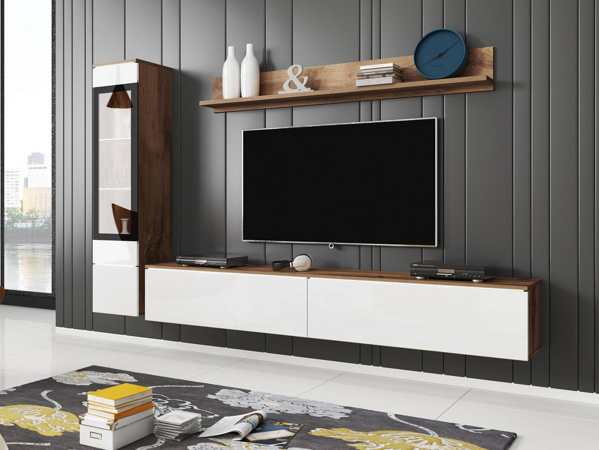 WOHNWAND Vera I mit weißer LED Beleuchtung - Silberfarben/Multicolor, Holzwerkstoff/Kunststoff (33/30/180cm) - MIRJAN24