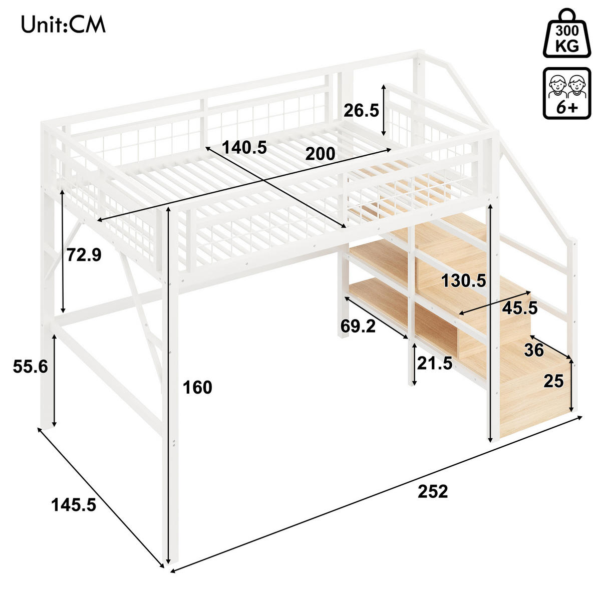 HOCHBETT 140/200 cm mit LED-Lichtleiste, Stauraumtreppe und Freiraum unter dem Bett, Weiß - Weiß, Metall (140/200cm) - Redom