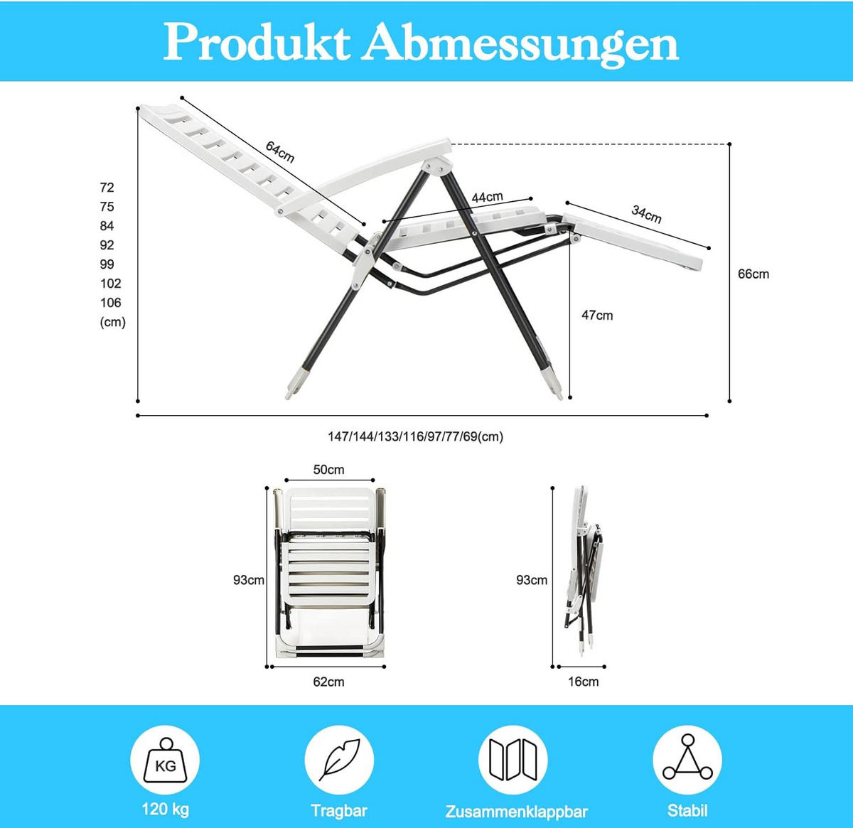 LIEGESTUHL Klappbar Weiß - Weiß, Kunststoff (147/72/62cm) - COSTWAY
