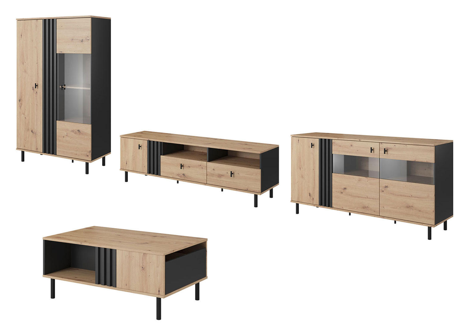 WOHNZIMMER-SET Madis sand grange eiche / anthrazit 4-teilig - Braun, Holz/Holzwerkstoff (420.3/148.8/40cm) - Feldmann-Wohnen