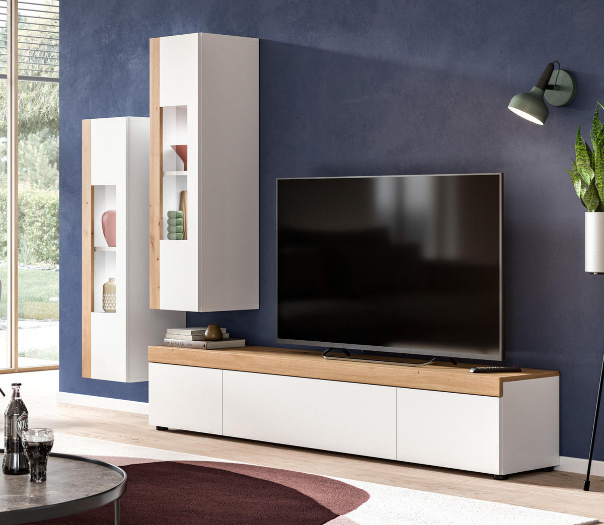 WOHNWAND 3-teilig weiß und Eiche 270 cm, Schrankwand stehend/hängend - Schwarz/Weiß, Glas/Holzwerkstoff (270/181/33cm) - Inn.Furn