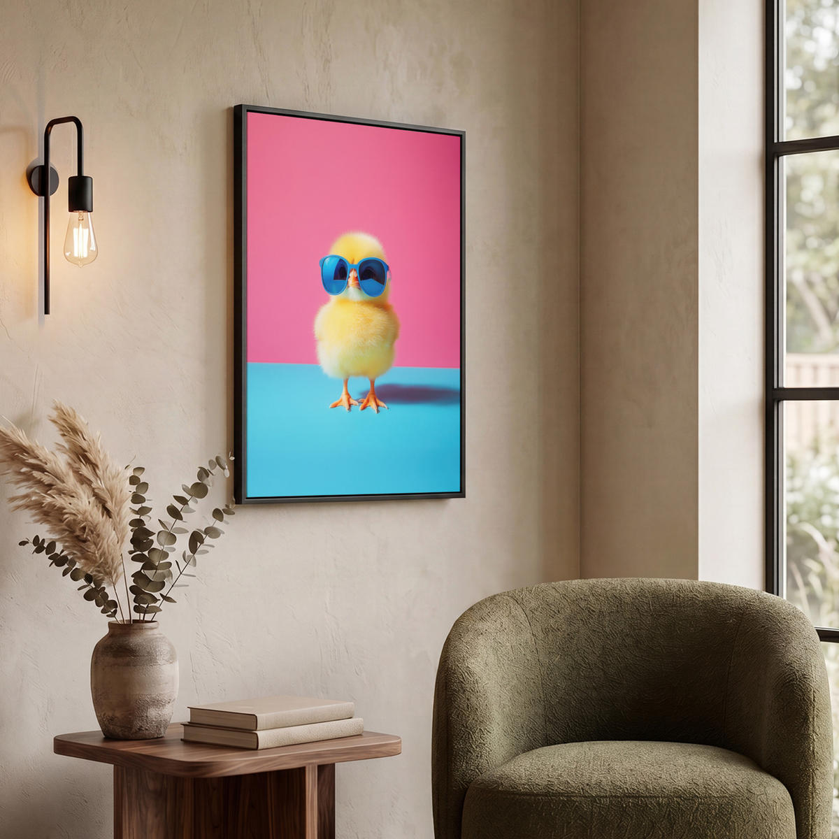 LEINWAND Bilder mit Rahmen - Chick - Sonnenbrille - Blau - 50x70 - Pink, Textil (50/70cm) - MuchoWow