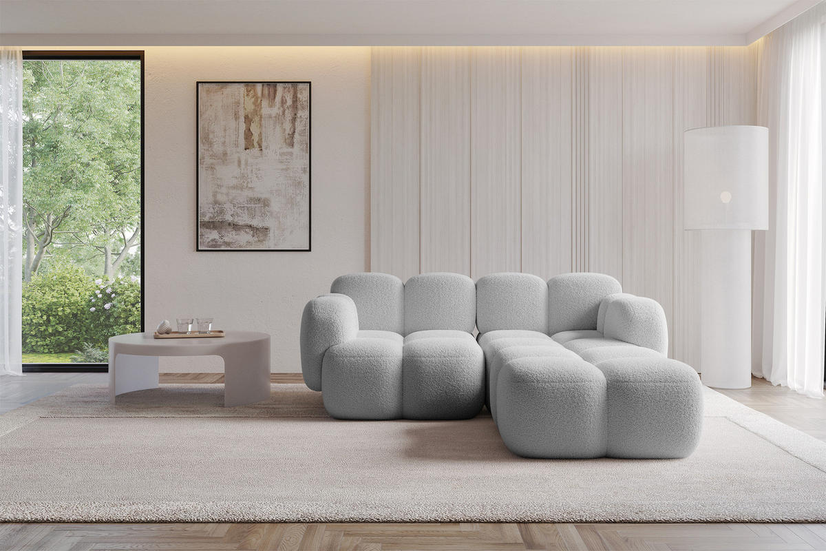 ECKSOFA modulares Sofa Rechts Miko-L1 214x205x75 Hellgrau Bouclé - Edelstahlfarben/Schwarz, Holzwerkstoff/Kunststoff (214/205cm) - ALTDECOR