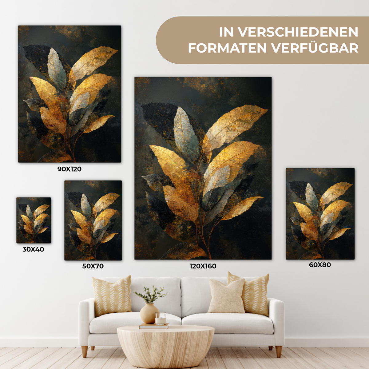 LEINWANDBILD Golden Leaf Komposition - Botanical Luxury Wandbild Wohnzimmer 60x80 cm - Goldfarben/Schwarz, Textil (60/80cm) - MuchoWow