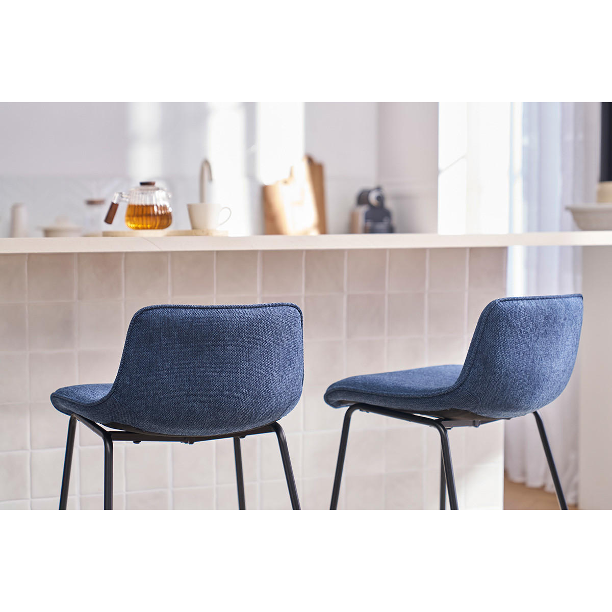 BARHOCKER Dunkelblauer Samtstoff Texturiert Metall H65 cm 2er-Set BOOST - Dunkelblau, Textil (45/82.5/49.5cm) - Miliboo