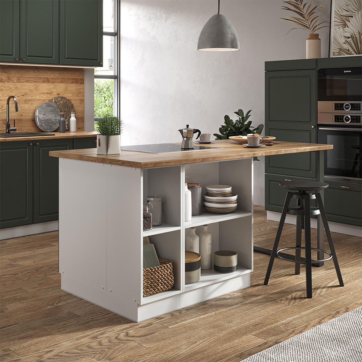 KÜCHENINSEL Fame-Line Grün-Gold Landhaus/Weiß 90 cm mit Schublade ohne AP - Weiß/Grün, Holzwerkstoff (90/82/60cm) - Vicco