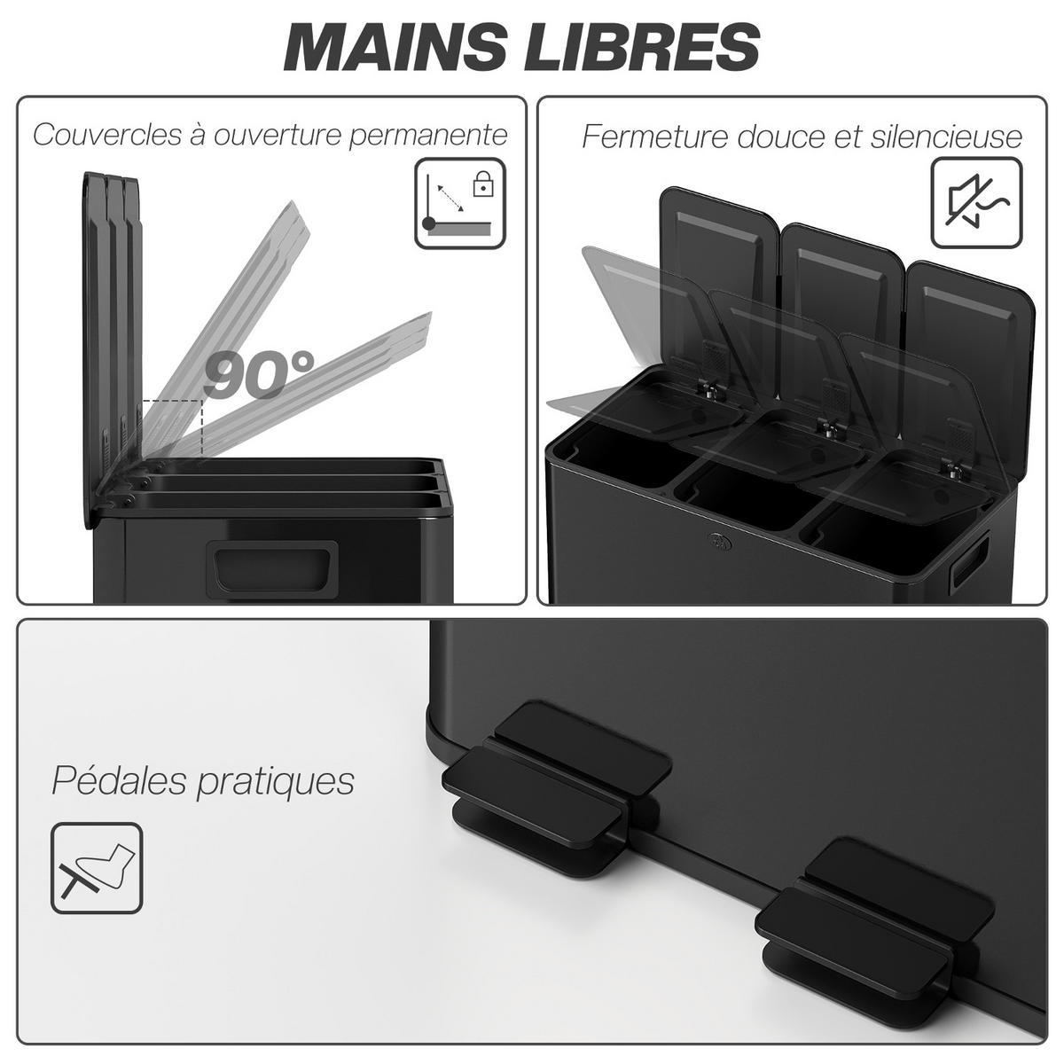 MÜLLTRENNSYSTEM 3 FÄCHER 60L 61,9/36,6/56,7 cm Edelstahl Schwarz Küchenmülleimer mit Absenkautomatik - Schwarz, Metall (36.6/56.7/61.9cm) - Rolipo