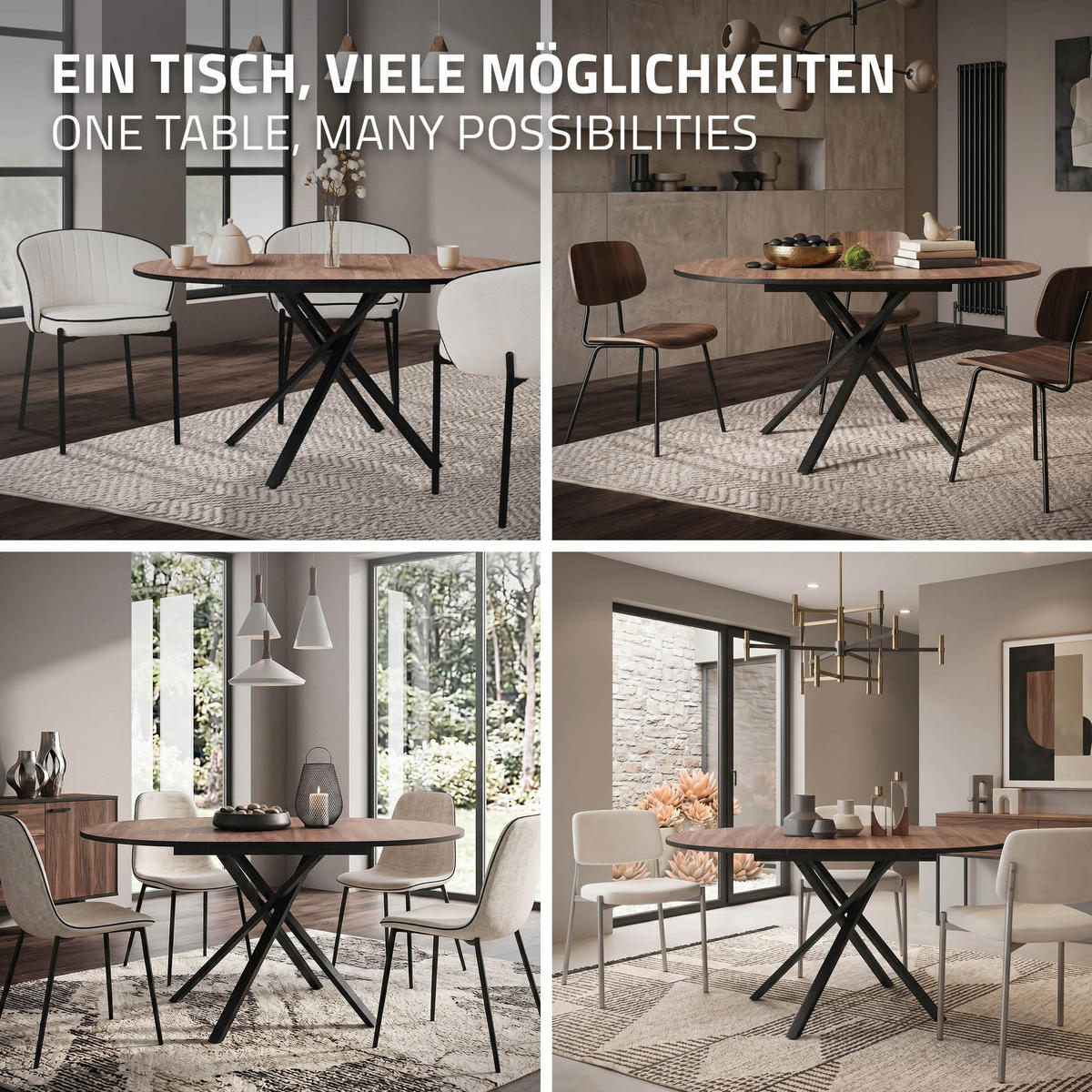 ROZKLÁDACÍ kulatý jídelní stůl v hnědé barvě s imitací dřeva 100–140 × 76 × 100 cm - černá/hnědá, kov/kompozitní dřevo (69/69/76cm) - ML-DESIGN