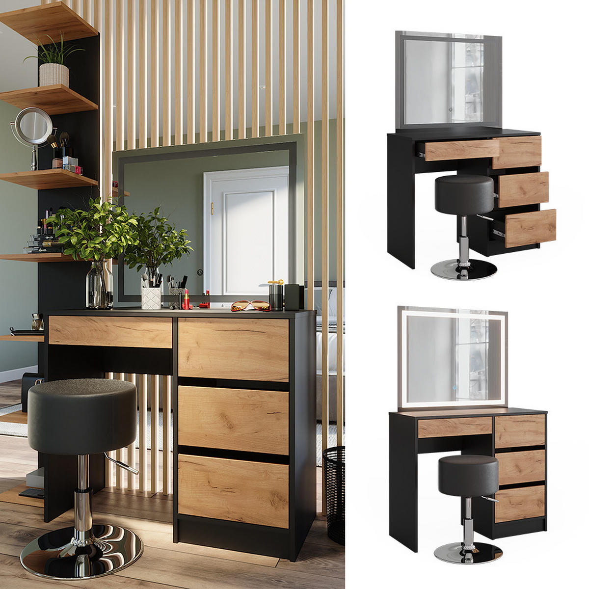 SCHMINKTISCH Sherry Anthrazit 90 x 75 cm mit LED-Spiegel und Hocker - Anthrazit/Eiche Wotan, Holzwerkstoff (90/75/40cm) - Vicco