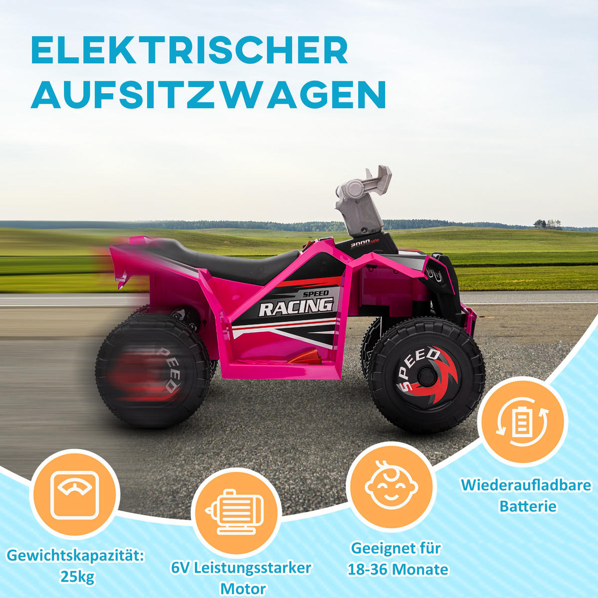 MINI ELEKTRO-QUAD KINDER, Blau/Rosa/Weiß, Kunststoff+ Metall - Rosa, Metall (70/41.5/48.5cm) - HOMCOM