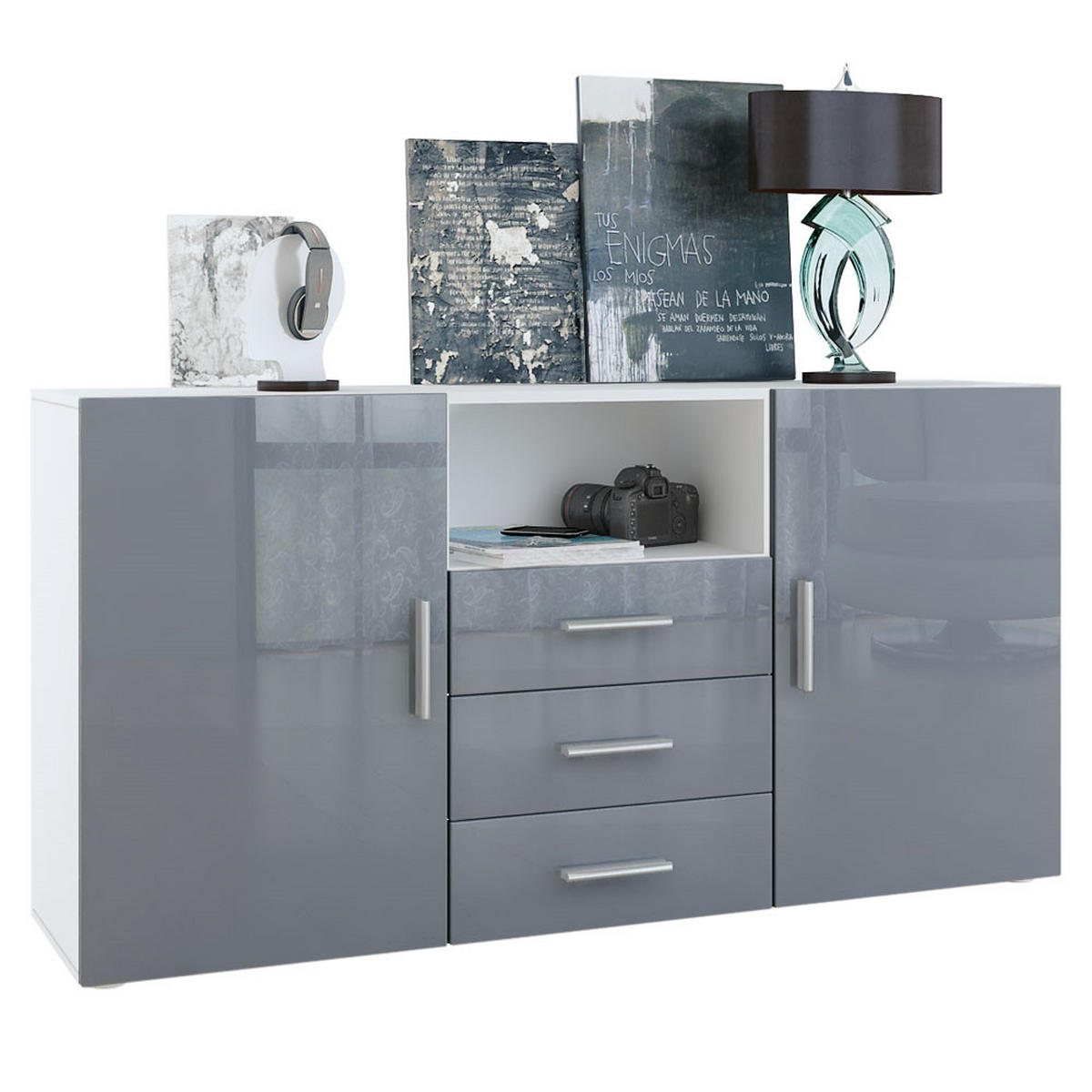 SIDEBOARD Skadu Front in Grau Hochglanz - Grau, Holzwerkstoff (138.5/71.5/35cm) - Vladon