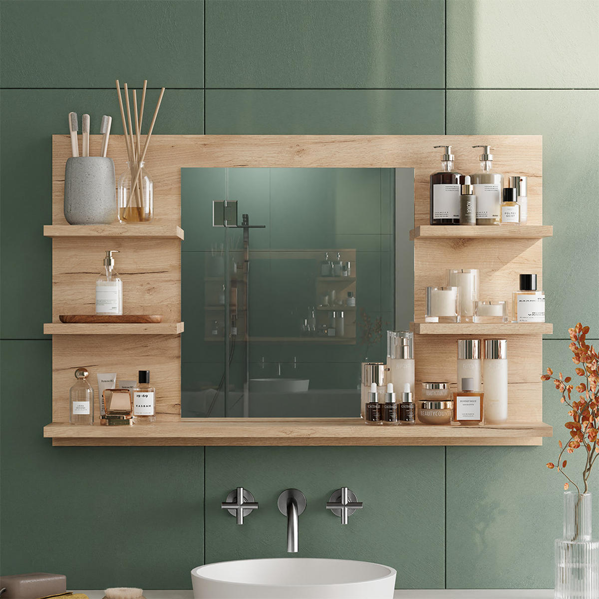 BADSPIEGELSCHRANK Wilbur Goldkraft Eiche 78 x 50 cm mit Regalen - Eiche Wotan, Holzwerkstoff (78/50/13.6cm) - Vicco