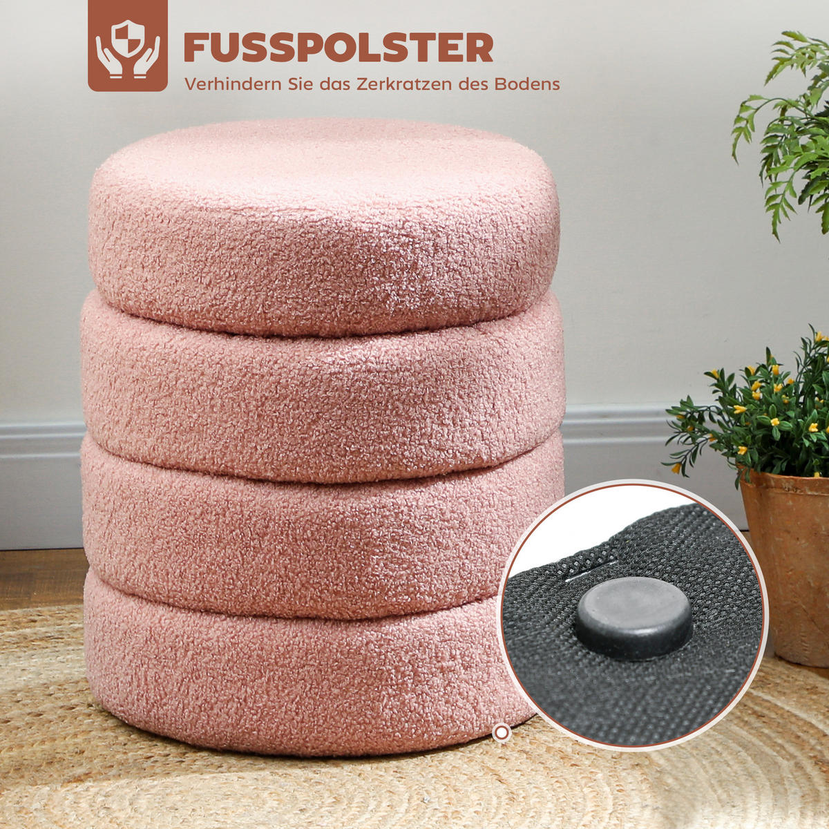 SITZHOCKER, Fußhocker, Runder Polsterhocker, Fußstütze mit Sitzkissen - Rosa/Naturfarben, Holz/Textil (40/45/40cm) - HOMCOM