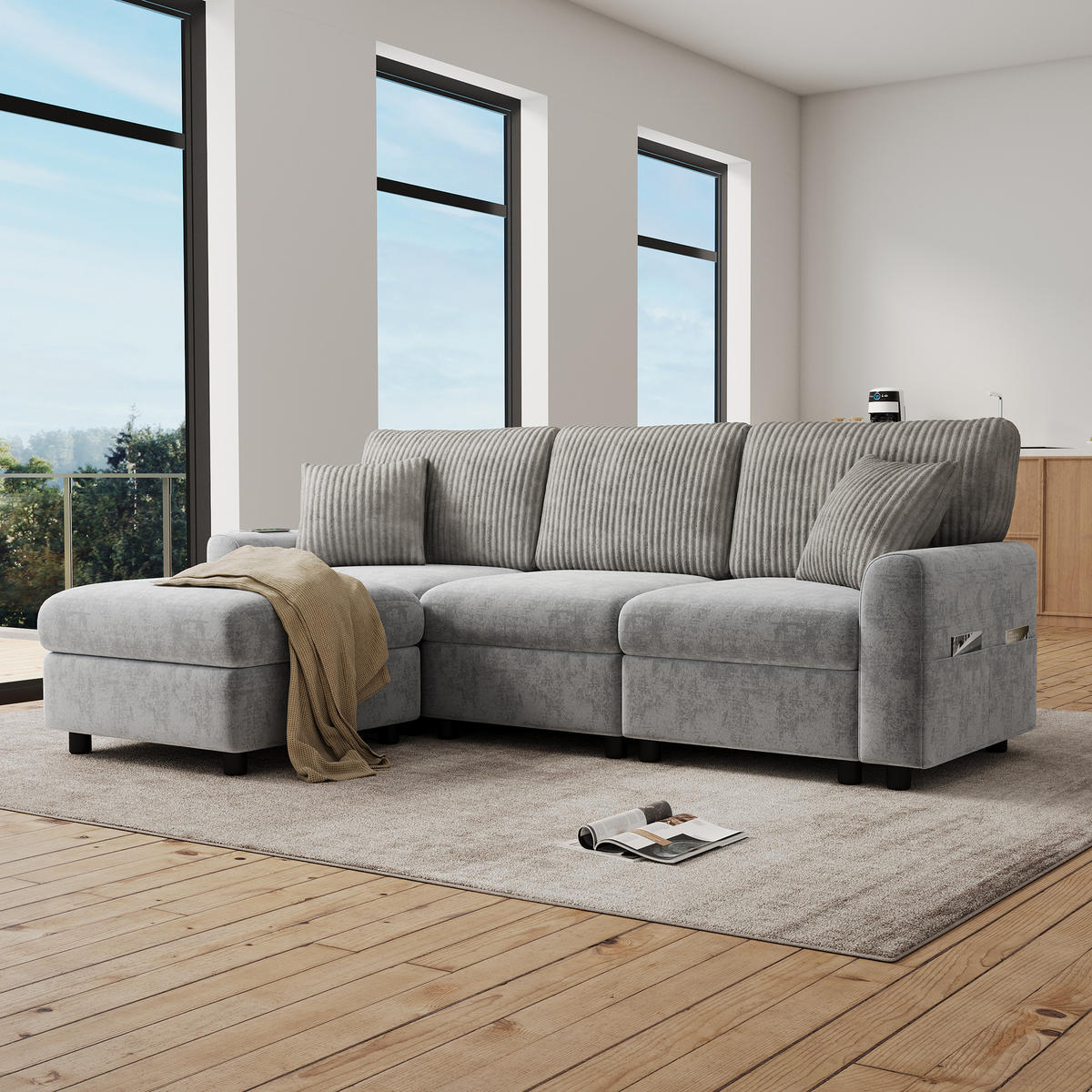 ECKSOFA 223/146/84 cm Grau mit 1 Fußhocker, 2 quadratischen Kissen, 1 USB-Anschluss und 1 Type-C-Anschluss - Grau, Textil (146/84/223cm) - Oxeza