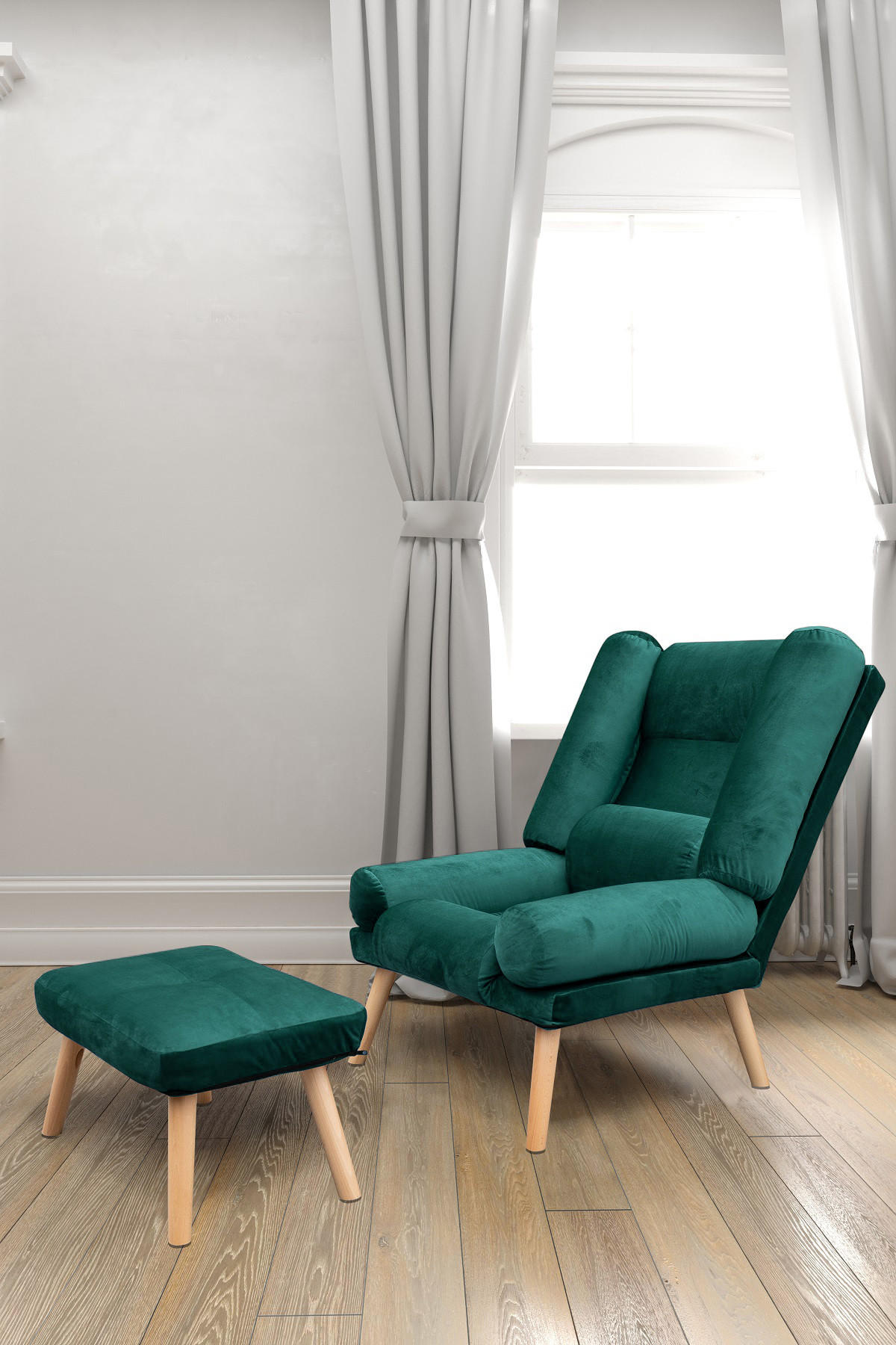 SESSEL Lola mit Fußhocker Rückenlehne 5-stufig einstellbar, flaschengrün - Grün, Holz/Kunststoff (75/100/60cm) - Margaret Hadas24