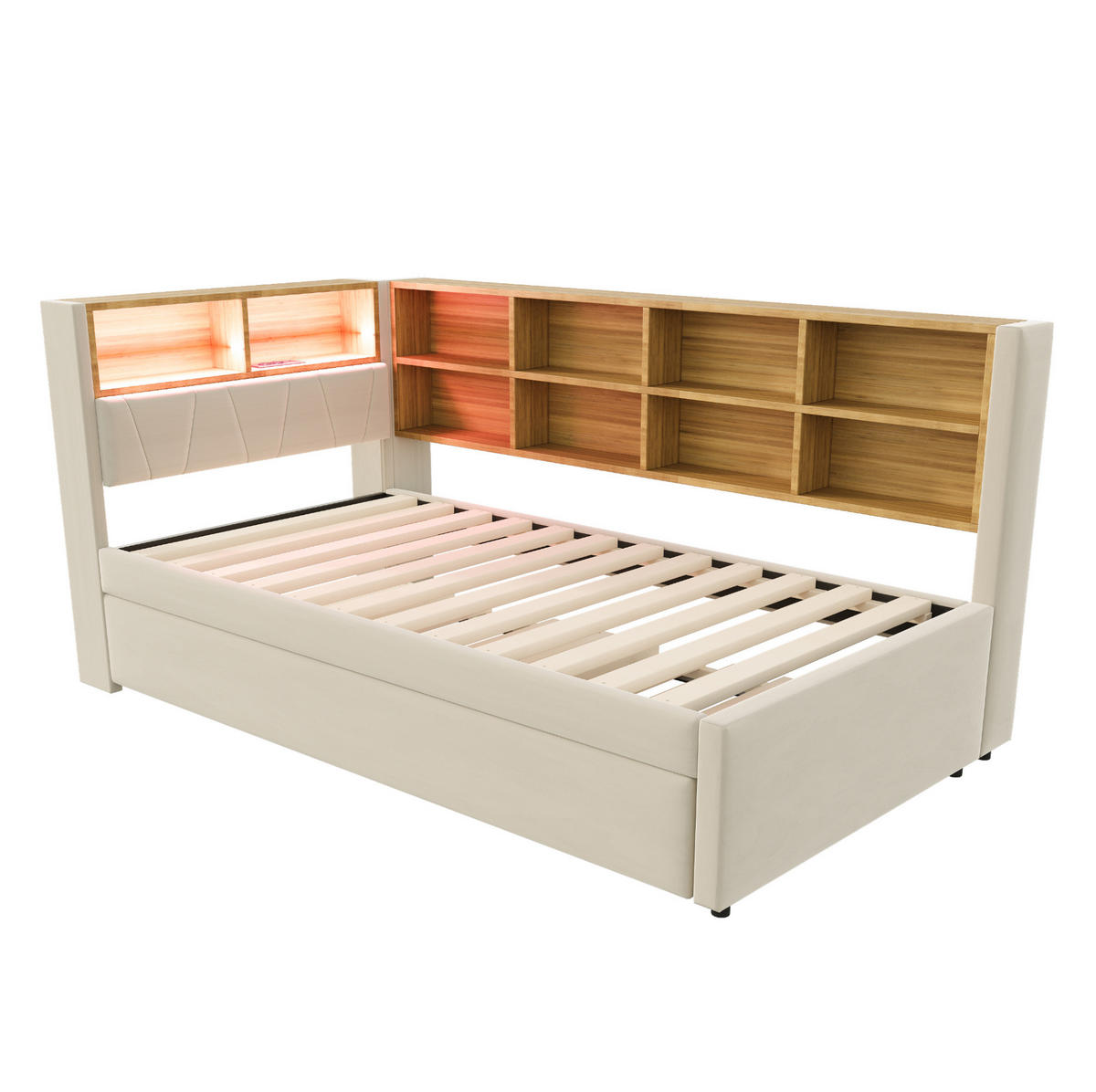 BETT aus Flanell 90x200 cm Beige mit Ausziehbett, LED-Beleuchtung, USB- und Typ-C-Anschluss, Stauraum - Beige, Textil (90/200cm) - Modfu