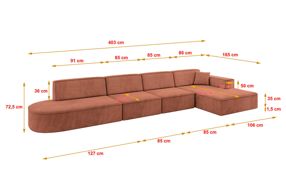 ECKSOFA Ottomane Rechts IREA-L3-v4 - 403x165x72,5 cm Apricot - Koralle, Holzwerkstoff/Textil (403/165cm) - ALTDECOR