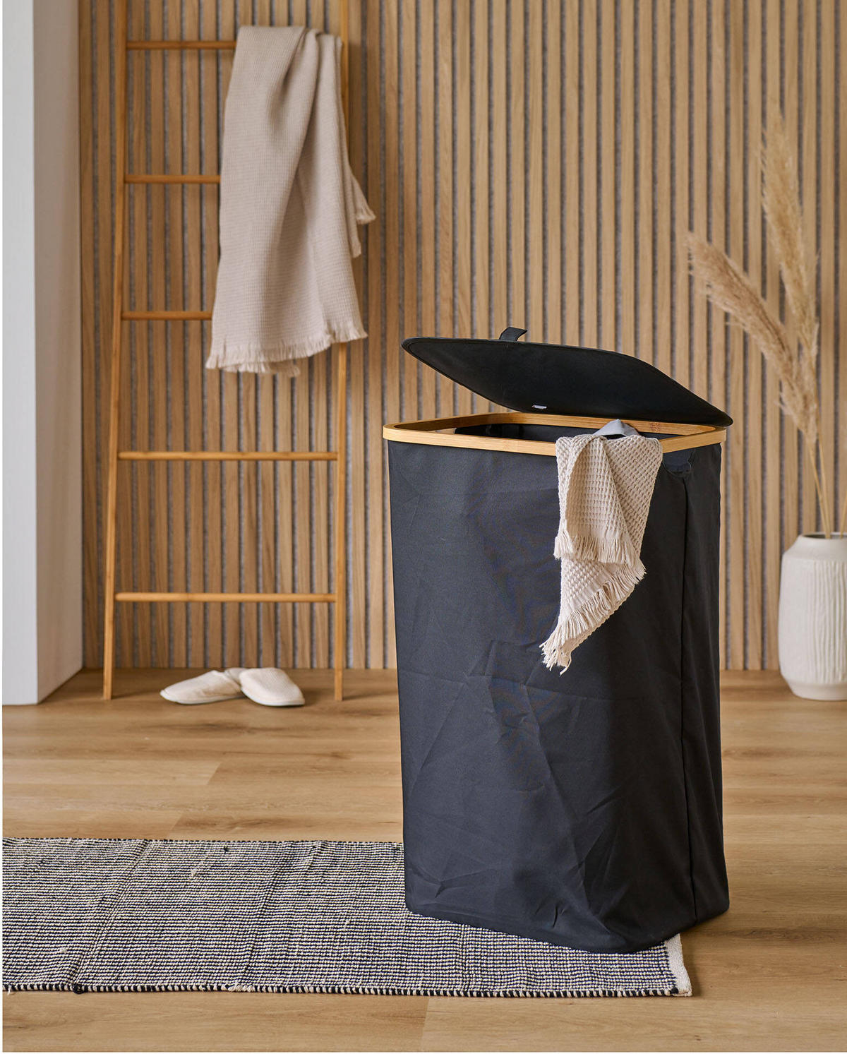 WÄSCHEKORB mit Tasche 44/33/70 cm - Schwarz, Textil (34/69/41.5cm)