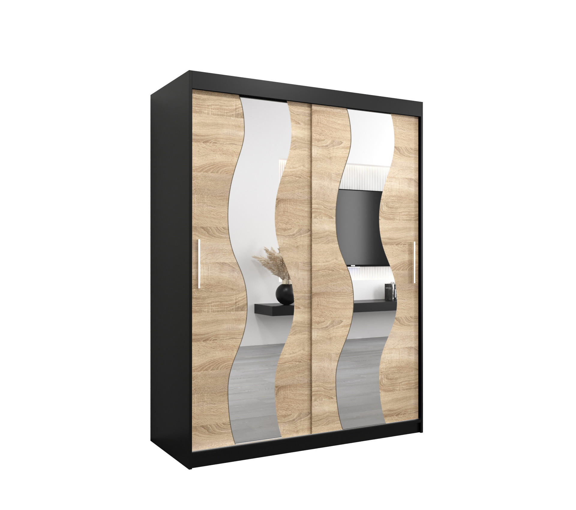 Abiks Möbel Schwebetürenschrank Schwarz, Sonoma Eiche 150x200x62 cm