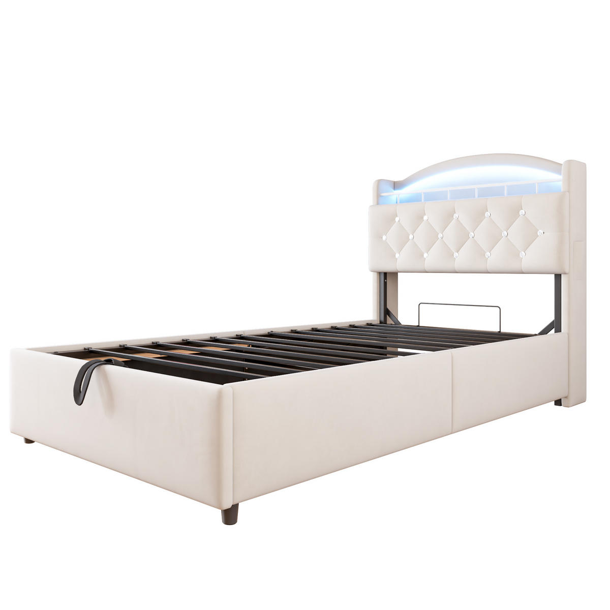 POLSTERBETT Kinder 90/200 cm Beige mit Stauraum, LED und USB-Anschlüssen - Beige, Textil (90/200cm) - OKWISH