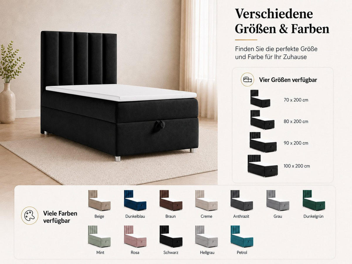 BOXBETT mit Bettkasten Trinity K-10 SINGLE Bonellfederkern inkl. Topper - Schwarz, Holz/Holzwerkstoff (100/200cm) - Best For Home