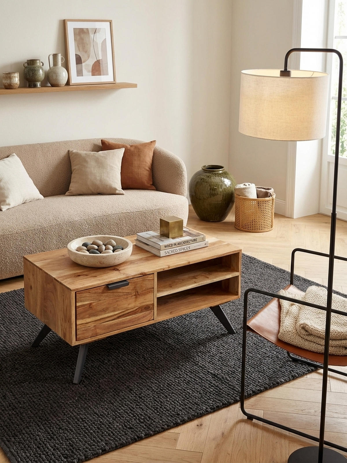 COUCHTISCH Massivholz und Metall, Modernes Design, Großer Stauraum, Robuste Beine - Beige/Anthrazit, Holz/Metall (45/95/45cm) - KADIMA DESIGN