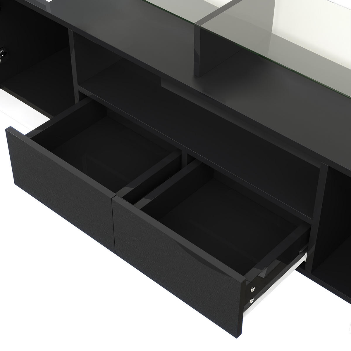 LOWBOARD 200/35/60 cm aus Spanplatte mit LED-Beleuchtung und Glasoberfläche Weiß/Schwarz - Schwarz, Holzwerkstoff (200/60/35cm) - Modenvie