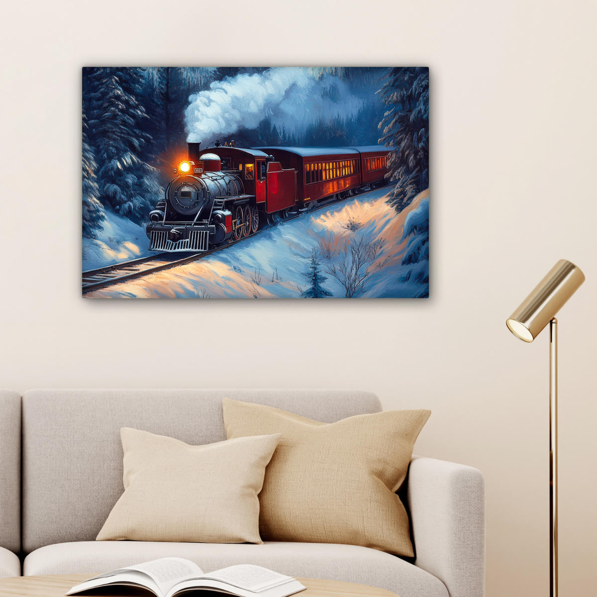 LEINWANDBILD Zug - Weihnachten - Schnee - Weihnachtszug Gemälde 60x40 cm - Anthrazit, Textil (60/40cm) - MuchoWow