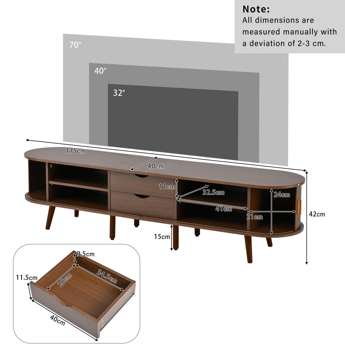 TV-LOWBOARD mit 2 Schubladen 175 x 40 x 42 cm Walnuss MDF - Braun, Holzwerkstoff (40/42/175cm) - Beauniv