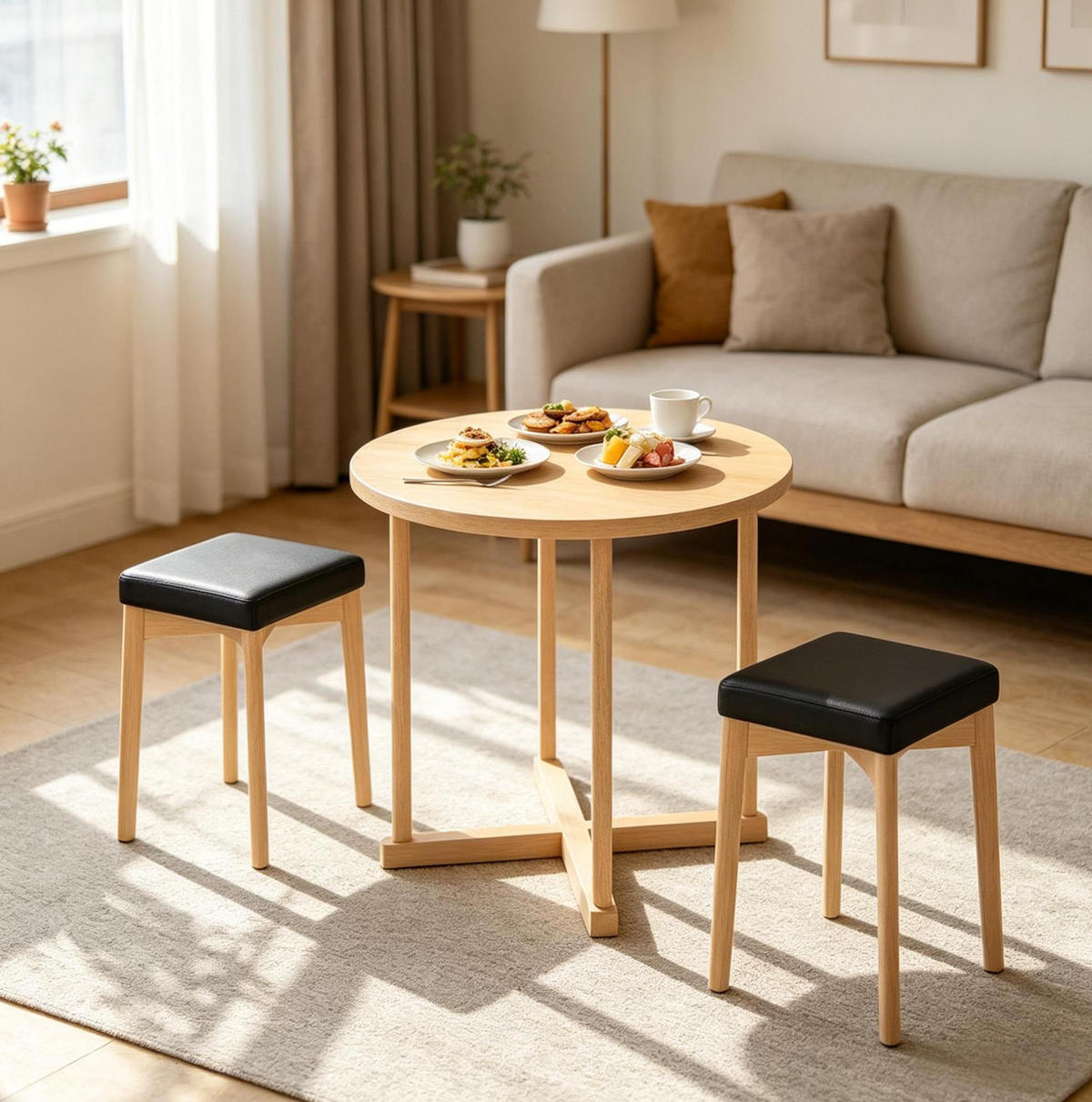 ESSHOCKER 2er-Set mit Polstersitz 32,5 x 32,5 x 47 cm Schwarz/Naturholz - Schwarz, Holz (32.5/47/32.5cm) - Meubliv