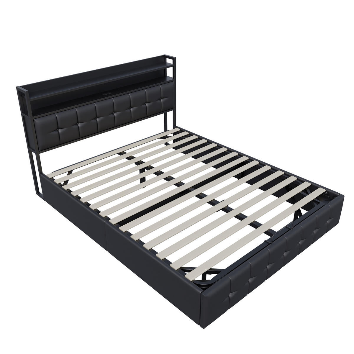 POLSTERBETT 140x190 cm, Stauraumbett mit LED, Schwarzes Kunstleder - Schwarz, Metall (140/190cm)