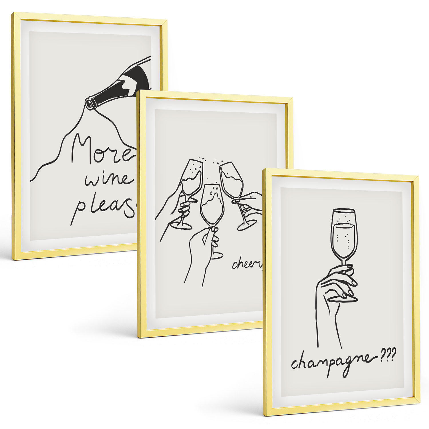BILDER SET 3er Set - 40x60 cm Goldrahmen - Champagner-Wein-Linienzeichnung - Goldfarben, Kunststoff (40/60cm) - TULUP