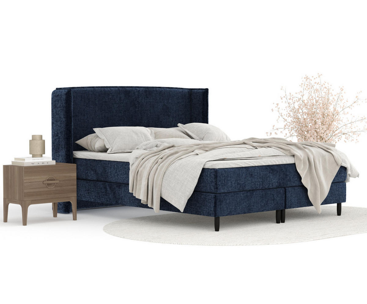 KONTINENTALBETT Ardis Marineblau 140/200 cm mit Matratze und Topper - Schwarz/Dunkelblau, Holz/Holzwerkstoff (140/200cm) - Maison de Reve