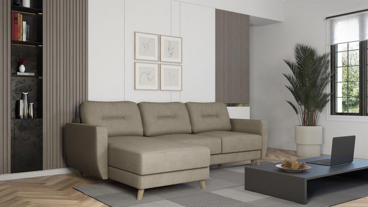 ECKSOFA Marlies In Opera Velvet - Creme, Holzwerkstoff/Textil (233/140cm) - Fun Möbel