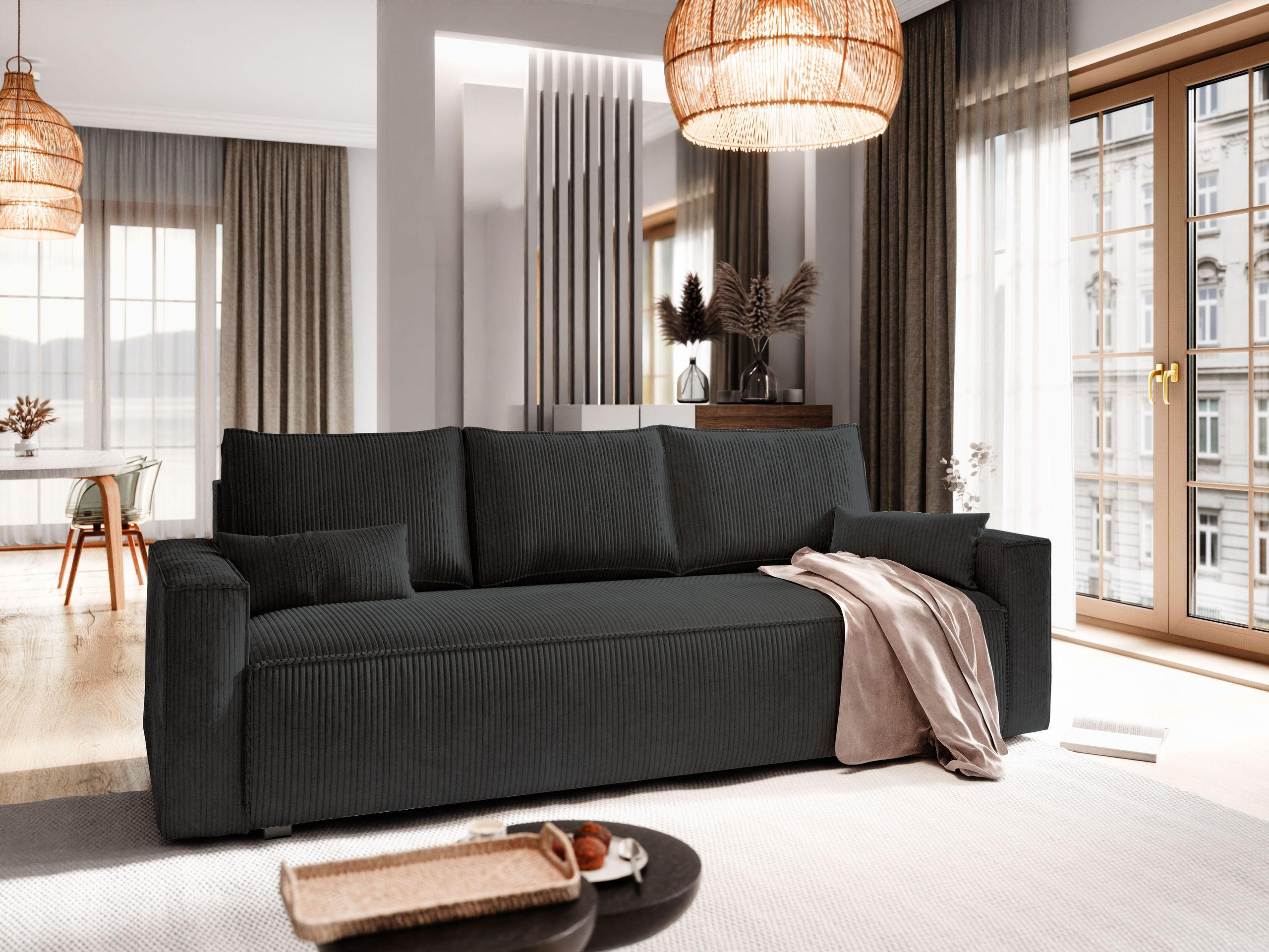 BETTSOFA MENI Schwarz Kordstoff mit Schlaffunktion - Schwarz, Textil (232/83/87cm) - MASSENO