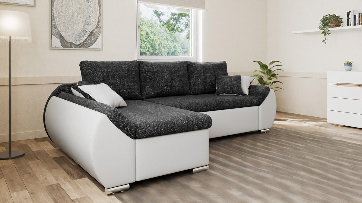 ECKSOFA - ALEX – Schwarz + Weiß (Lawa 06 + Soft 17) - Links - Schwarz, Holzwerkstoff/Metall (275/155cm) - Möblo