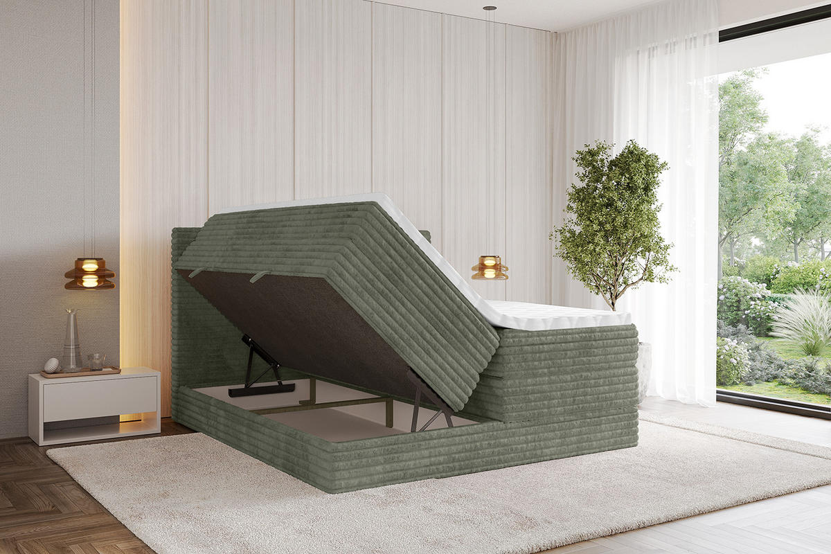 BOXSPRINGBETT mit Matratze H3|H4 und Lattenrost - TOLO KING-v1 200x200 Cord - Olive - Olivgrün, Holzwerkstoff (200/200cm)