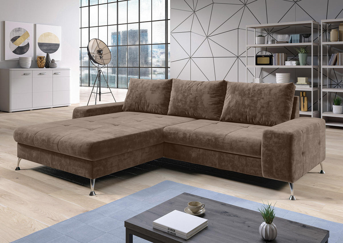 ECKSOFA L Form Artemia Hellbraun Samt 275/210/81 cm – modernes Sofa fürs Wohnzimmer L - Silberfarben/Hellgrau, Textil/Metall (210/275cm) - AX Living