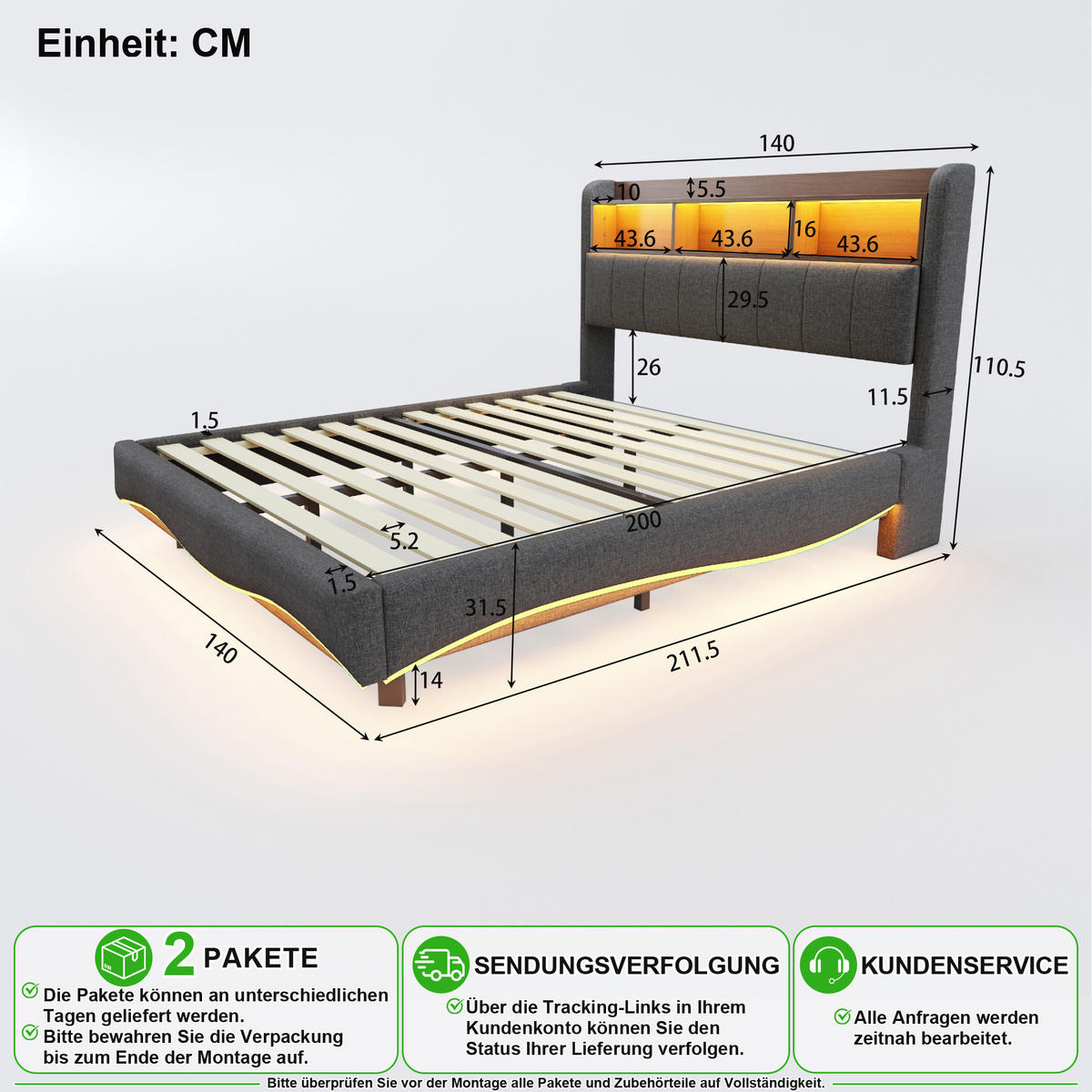 POLSTERBETT 140/200 cm in Grau Leinenstoff mit LED, USB, Type-C und Kopfteil-Ablage - Grau, Holzwerkstoff/Textil (140/200cm) - CHICFURN
